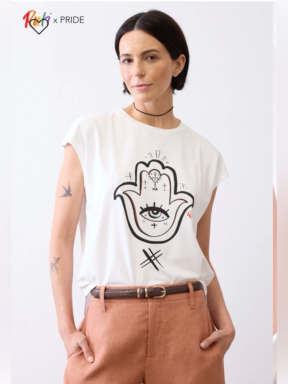 Ruti White Hamsa with Pride Graphic Short Sleeve Tee - S